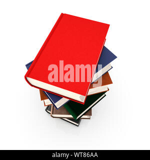 Hardback books, stack of multi coloured hardback books with blank covers from above on white background Stock Photo