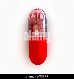 Pill capsule with a EU Euros, Ten Euro note enclosed, cost of healthcare, cost of medicine concept Stock Photo