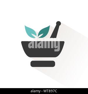 Mortar with leaves. Flat color icon with beige shade. Pharmacy vector illustration Stock Vector