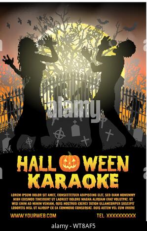 halloween zombie singing karaoke music at cemetery poster Stock Vector