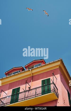 Summer holiday apartment - Colourfully painted house and seagulls on the waterfront of Imperia on the Italian Riviera in the summer. Stock Photo