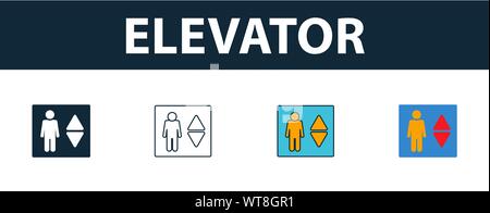 Elevator icon set. Four elements in diferent styles from real estate icons collection. Creative elevator icons filled, outline, colored and flat Stock Vector