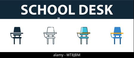 School Desk icon set. Four elements in diferent styles from school icons collection. Creative school desk icons filled, outline, colored and flat Stock Vector