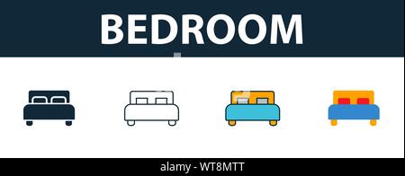 Bedroom icon set. Four elements in diferent styles from real estate icons collection. Creative bedroom icons filled, outline, colored and flat symbols Stock Vector