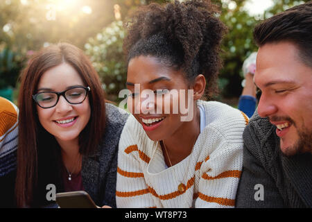 Portrait of a smiling african american young woman with her friends looking at mobile phone in the park - warm sun flare in the lens Stock Photo