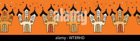 Halloween kids border spooky castle. Seamless vector repeating border. Cute hand drawn Halloween illustration for party decor, ribbons, banners Stock Vector