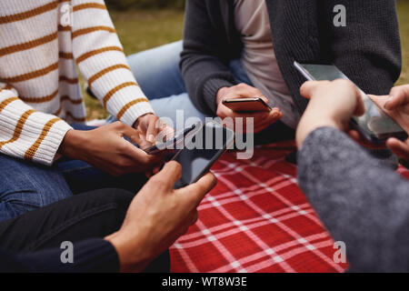 Group of young multiracial friends sitting together in circle on blanket using smartphones Stock Photo