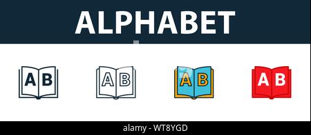 Alphabet icon set. Four elements in diferent styles from school icons collection. Creative alphabet icons filled, outline, colored and flat symbols Stock Vector