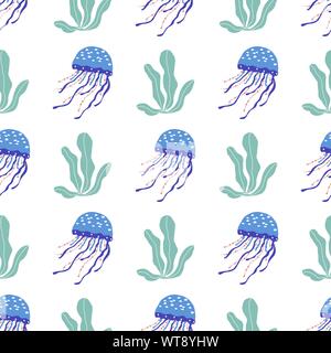 Seamless pattern of Underwater creatures  jellyfish with seaplants and corals, marine animals for fabric, textile, wallpaper, nursery decor, prints, c Stock Vector