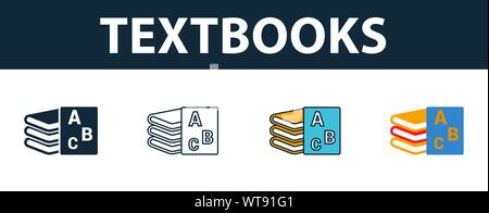 Textbooks icon set. Four elements in diferent styles from school icons collection. Creative textbooks icons filled, outline, colored and flat symbols Stock Vector