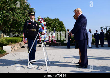 Arlington, United States. 11th Sep, 2019. President Donald Trump lays a wreath at the Pentagon during the 18th anniversary commemoration of the September 11 terrorist attacks, in Arlington, Virginia on Wednesday, September 11, 2019. Photo by Kevin Dietsch/UPI Credit: UPI/Alamy Live News Stock Photo