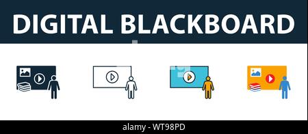Digital Blackboard icon set. Four elements in diferent styles from school icons collection. Creative digital blackboard icons filled, outline, colored Stock Vector