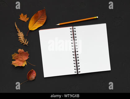Notebook with blank sheets on black background Stock Photo
