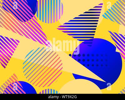 Seamless pattern with geometric shapes and stripes. Colorful fluid gradient. Memphis style of the 80s. Vector illustration Stock Vector
