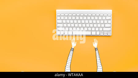 Drawing man typing computer keyboard on yellow color background.Minimal style.Business modern life Stock Photo