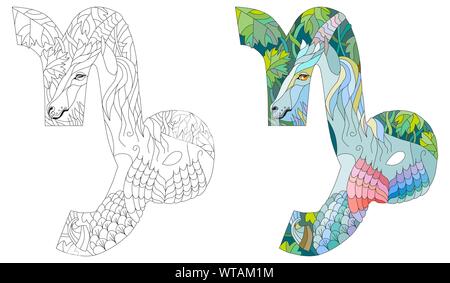 CAPRICORN zodiac sign cute cartoon character retro zentangle stylized in vector. Color and outline set Stock Vector