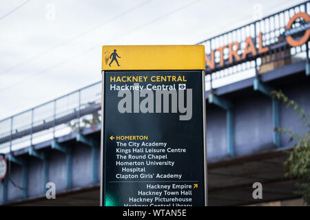 Pedestrian signage at Hackney Central Overground Station for Homerton, Hackney Empire and Hackney Town Hall. East London, UK Stock Photo