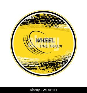 Yellow circle banner with black and white grunge ink blots and tire tracks Stock Vector