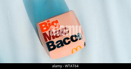 McDonald's Big Mac Bacon Burger, Mcdonald's is the worlds biggest chain of fast food restaurants Stock Photo