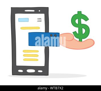 Vector illustration smartphone and businessman holding dollar money. Hand drawn. Colored outlines. Stock Vector