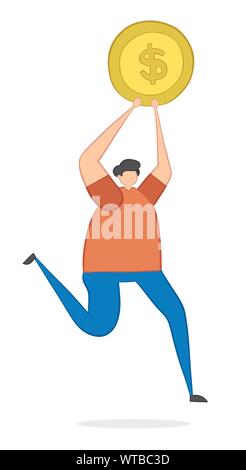 Vector illustration holding and carrying dollar coin. Hand drawn. Colored outlines. Stock Vector