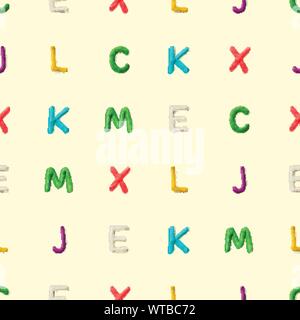 Seamless pattern with alphabet. Handmade modeling clay letters. Realistic 3d vector lettering background. Stock Vector
