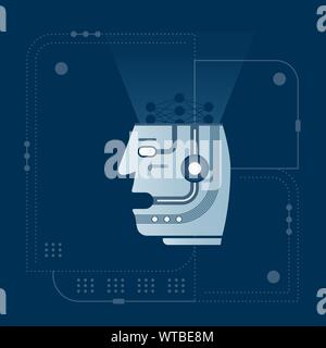 Artificial mind inside head processes information. AI head Stock Vector