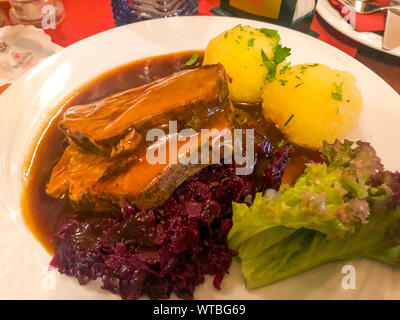 Tasty stewed meat, red cabbage and potato dumplings. Photo Studio Stock Photo