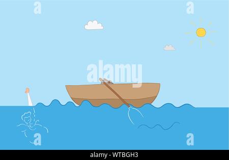 Vector illustration wooden boat in the ea and man drowning. Hand drawn. Colored outlines. Stock Vector
