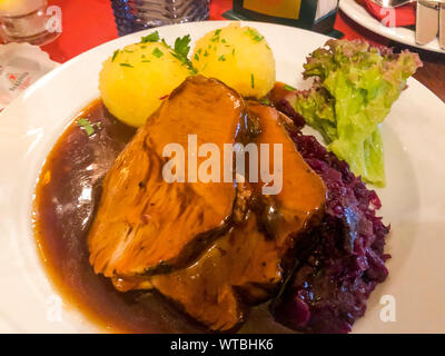 Tasty stewed meat, red cabbage and potato dumplings. Photo Studio Stock Photo