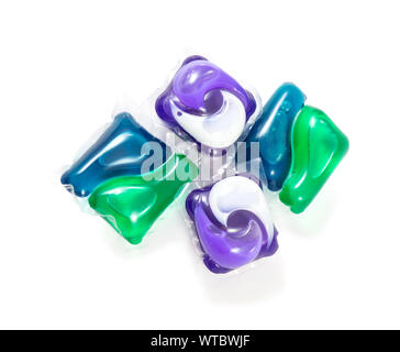 Washing gel capsule pods with laundry detergent, Capsule with laundry detergent on white background. with clipping path. Stock Photo