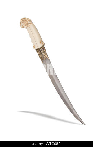 Indian islamic dagger elephant grip as Ram headI.18th century Curved double-edged Damascus steel blade of flatten diamond shape with gold inlay at for Stock Photo