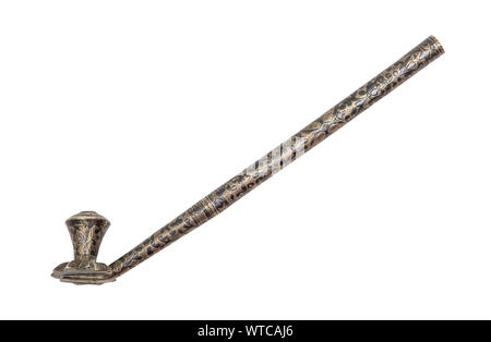 Caucasian smoking pipe of the 19th century made of solid silver decorated with niello work. Stock Photo