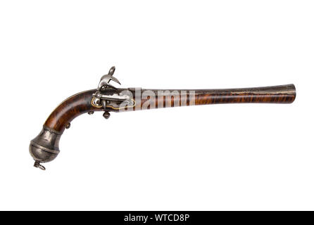 Georgian (Russian Empire) flintlock blunderbuss pistol. 19th century. Damascus steal barrel. Solid silver mounts. Stock Photo