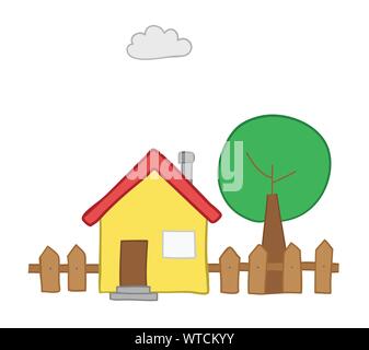 Vector illustration house with garden and tree. Hand drawn. Colored outlines. Stock Vector