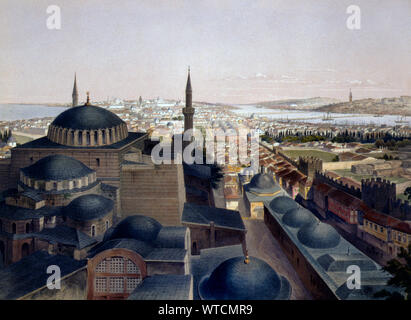 Panorama of Istanbul made from a minaret of Ayasofya Mosque, formerly the Church of Hagia Sophia, from the Port of the Golden Horn to the Eyüp suburb. Stock Photo