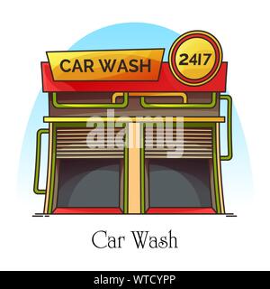 Car wash station or carwash building, auto washer Stock Vector
