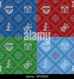 Set of Christmas knitted seamless patterns. Good for wrapping. All elements are on separate layers. Easy to edit color of all elements. Stock Vector