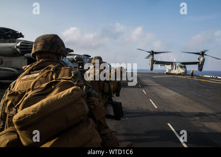 Marines with Echo Company, Battalion Landing Team, 2nd Battalion, 1st Marines, 31st Marine Expeditionary Unit, load onto an MV-22B Osprey tiltrotor aircraft prior to a simulated airfield seizure as part of a long-range raid from the amphibious assault ship USS Wasp (LHD 1), Philippine Sea, Aug. 12, 2019. The 31st MEU and Amphibious Squadron 11, aboard Wasp Amphibious Ready Group ships, conducted a series of sequential operations which simulated naval expeditionary combined-arms maneuver from amphibious assets to shore, utilizing Marine Air-Ground Task Force capabilities integrated across all w Stock Photo
