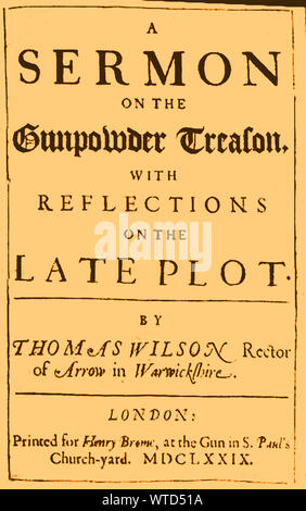 A sermon published shortly after the gunpowder plot incident in England,  by Thomas Wilson, Rector of Arrow in Warwickshire, UK. and published by Henry Brome at the Gun  in St Pauls Churchyard, London Stock Photo