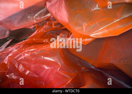 Inside a disposable plastic bag. Lightweight transparent, reusable plastic waste. Rubbish bag, plastic recycling, environmental issues Stock Photo