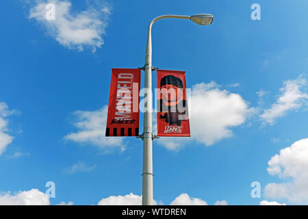Baker Mayfield banners hang from light posts on Erieside Avenue in Cleveland, Ohio, USA Stock Photo