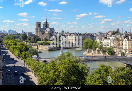 Top view of Paris taken from The Arab World Institute. The Pont de la Tournelle bridge spanning the river Seine, Notre-Dame Cathedral are observable. Stock Photo