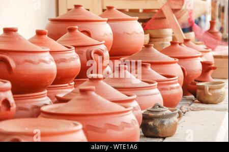 Close up pottery group for sale in local market in Turkey. selective focus. Stock Photo