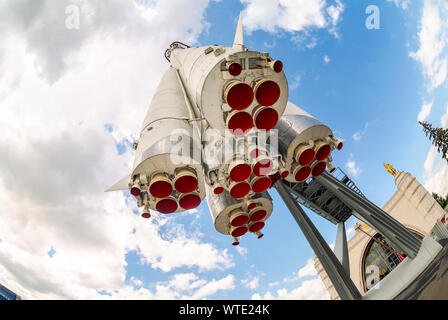 Moscow, Russia - July 8, 2019: Layout launch vehicle 'East' on the territory of the All-Russian exhibition center (VDNKH). Nozzles of rocket engines Stock Photo