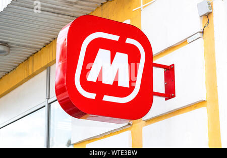 Moscow, Russia - July 7, 2019: Logo of Magnit store russia's largest retailer Stock Photo