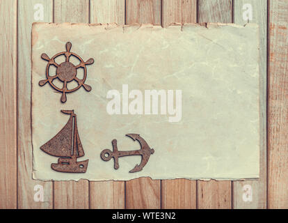 Marine still life on wooden background. Stock Photo