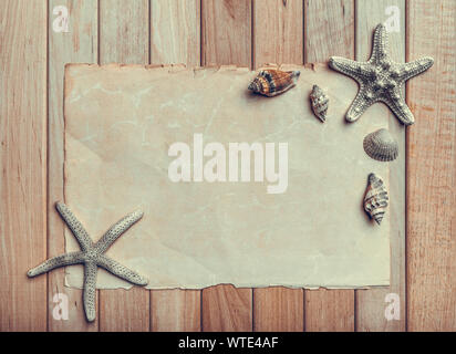 Marine still life on wooden background. Stock Photo