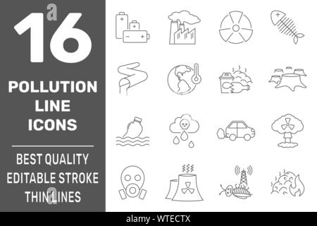 Ecology problems line icons set with pollution symbols, isolated vector illustration. Editable Stroke. EPS 10. Stock Vector
