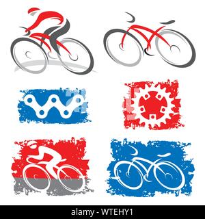 Cyclists and cycling elements icons. Set of colorful cycling symbols. Vector available. Stock Vector